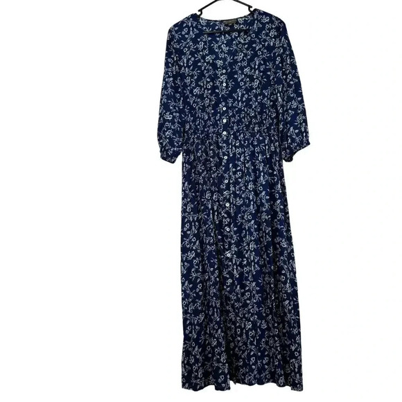 J Gee Maxi Dress‎ Large Petite Blue Floral Peasant Prairie 3/4 Sleeve V-neck EUC - Picture 1 of 10